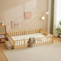 Alightup Kinderbett mit Rausfallschutz & Lattenrost, 90x200cm, Montessori Bodenbett mit seitlichem Ausstieg, Einzelbett für Jugendzimmer, Naturbelassen