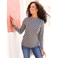 Casual Looks Stehkragenshirt "Stehkragen-Shirt", Damen, Gr. 48, blau (rauchblau, rostrot, bedruckt), 95% Baumwolle, 5% Elasthan, gemustert, mehrfarbig, Shirts Stehkragenshirt