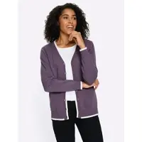 Sieh an! Strickjacke SIEH AN "Strickjacke Strickjacke aus reiner Baumwolle", Damen, Gr. 38, lila (feige, ecru), Sportlich, V-Ausschnitt, Strickjacken Strickjacke