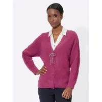 Création L Strickjacke "Strickjacke Feinstrickjacke mit Spitzenband in Flecht-Optik", Damen, Gr. 46, pink (erika), Elegant, V-Ausschnitt, Strickjacken Strickjacke