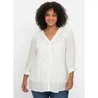 Sheego Klassische Bluse BY JOE BROWNS "Longbluse Crêpebluse mit Biesen und Häkelspitze", Damen, Gr. 44, weiß, Crepe, , Modisch, V-Ausschnitt, Blusen Klassische Bluse