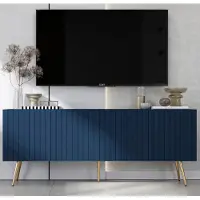 Meble Lindner TV-Schrank Glamour RTV RTV-Schrank Elpis - Viertürig - Modern - Lindner Möbel - 150cm x 60,5cm x 36,5cm, Farbe: Marineblau matt, Gold Metallbeine