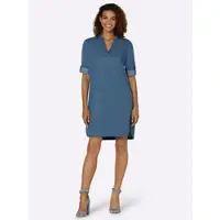 Casual Looks Jeanskleid "Jeans-Kleid", Damen, Gr. 42, Normalgrößen, blau (blau, bleached), 100% Baumwolle, unifarben, kurz, V-Ausschnitt, Kleider Jeanskleid