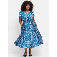 Sheego Blusenkleid BY JOE BROWNS "Kleid", Damen, Gr. 52, Normalgrößen, blau (blau gemustert), 100% Viskose, bedruckt, geblümt, gemustert, mehrfarbig, wadenlang, V-Ausschnitt, Kleider Blusenkleid