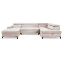 Fun-Möbel Wohnlandschaft Schlafsofa AGNESA Stoff Salvador Hellbeige Ottomane Links