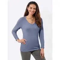 Casual Looks V-Ausschnitt-Pullover "V-Ausschnitt-Pullover", Damen, Gr. 42, blau (taubenblau), 100% Baumwolle, unifarben, Pullover V-Ausschnitt-Pullover