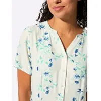 Inspirationen Druckkleid "Kleid", Damen, Gr. 42, Normalgrößen, weiß (ecru, blaugrün, bedruckt), 100% Viskose, bedruckt, geblümt, gemustert, mehrfarbig, wadenlang, V-Ausschnitt, Kleider Druckkleid