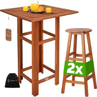 Casaria Bartisch mit Hocker Set Outdoor Indoor Holz Akazie 110x75x75cm Wetterfest Rustikal Massiv Garten Balkon Terrasse Möbel Stehtisch 2x Barhocker