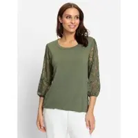 Lady 3/4-Arm-Shirt "Spitzen-Shirt", Damen, Gr. 50, grün (khaki), 95% Viskose, 5% Elasthan, unifarben, Rundhals, Shirts 3/4-Arm-Shirt
