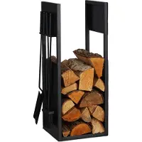 Relaxdays Kaminholzregal mit Besteck, Metall, HBT: 76,5x36x30 cm, Brennholzregal innen, Holzscheite & Brennholz, schwarz