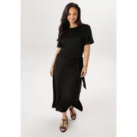 Aniston Plus Maxikleid , Damen, Gr. 50, N-Gr, schwarz, Jersey, Obermaterial: 95% Viskose, 5% Elasthan, unifarben, figurumspielend knöchellang, Rundhals, Kleider Maxikleid, mit raffiniertem Bindeband