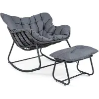 Costway Schaukelstuhl mit Hocker, übergroßer Schaukelsessel mit dickem & abnehmbarem Kissen, Gartenstuhl Relaxsessel bis 150 kg belastbar Grau