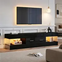 Merax TV-Schrank mit LED und 2 Schubladen, TV Lowboard mit Offenen Fächern und Acrylglas, TV Möbel Modernes Lowboard für Wohnzimmer, Schwarz
