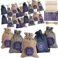 OEM Jute Adventskalender mit 24 Beuteln - Blauem Etikett - Inklusive Knöpfen und Seil - Selbstfertiger Adventskalender - Weihnachtsdekoration - Weihnachten - Weihnachtsgeschenk - Zählzeit Weihnachten
