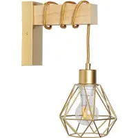 Alpinaluz MARKUS Vintage Industrie-Wandleuchte aus Holz und Metall, E27 Wandlampe mit verstellbarem Kabel und geometrischem Drahtschirm, Gold