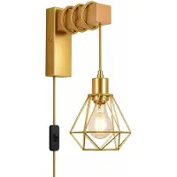 Alpinaluz MARKUS Vintage Industrie-Wandleuchte mit Stecker und Schalter, Holz und Metall Gold, E27 Wandlampe mit Drahtkäfig und Textilkabel