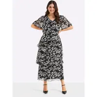 Sheego Abendkleid "Abendkleid", Damen, Gr. 50, Normalgrößen, schwarz-weiß (schwarz, weiß, gemustert), Georgette, 100% Polyester, geblümt, gemustert, lang, V-Ausschnitt, Kleider Abendkleid