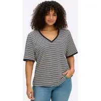Sheego Kurzarmshirt "Shirt", Damen, Gr. 44/46, schwarz-weiß (ecru, tiefblau, geringelt), 50% Baumwolle, 50% Modal, gemustert, gestreift, V-Ausschnitt, Shirts Kurzarmshirt