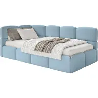 Selsey Cloudy – Kinderbett 120 cm, Bettkasten, 2x Rausfallschutz, Velours, links, Hellblau