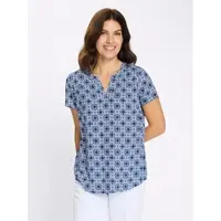 Sieh an! Schlupfbluse CLASSIC BASICS, Damen, Gr. 52, blau (jeansblau, ecru, bedruckt), 100% Viskose, gemustert, mehrfarbig, Rundhals, Blusen Schlupfbluse
