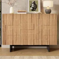 Merax Kommode Sideboard Mit 3 Türen, Französischer Stil Mit Geometrischer 3D Front, Aufbewahrungsschrank Mit Verstellbaren Einlegeböden, Natur