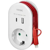 ORNO Adapter mit USB-Ladegerät und Ladekabel (Typ C + Lightning), 1x2P+Z Schuko, 2xUSB (Typ A+C), max. 3
