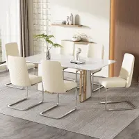 Flieks Freischwinger 6er Set, Esszimmerstühle mit Silberen Metallbeinen, Schwingstuhl Polsterstühle mit Samtbezug, Küchenstühle Wohnzimmerstuhl, Beige