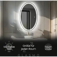 Artforma Wandspiegel mit Beleuchtung 60x130 cm Vivian - Vertikal Oval Badspiegel mit LED Beleuchtung - Kaltweiß 7000K - Badezimmerspiegel Lichtspiegel mit Touch Schalter