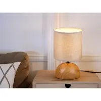 Meine Wunschleuchte LED Tischleuchte klein mit rundem Stofflampenschirm & Keramik in Holzoptik Ø14cm