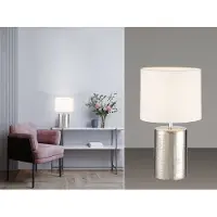 Meine Wunschleuchte LED Tischlampe mit Keramikfuß Silber Antik & Lampenschirm Leinen Weiß, 35cm hoch