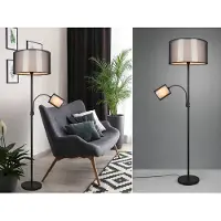 Meine Wunschleuchte Große LED Stehlampe mit Leselicht, doppel Stoffschirmen Schwarz/Weiß hinter Sofa