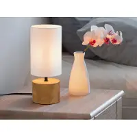 Meine Wunschleuchte Runde LED Tischleuchte 1 flammig Holzfuß, Stofflampenschirm Weiß Ø12cm Höhe 30cm