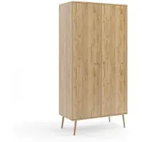 MY-NEST Kleiderschrank 100 cm Weiß Eiche Craft mit Stange und Böden Holzbeine Boho Skandi Schrank