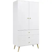 MY-NEST Kleiderschrank 100 cm Weiß mit Schubladen und Stange Holzbeine Boho Skandi Schrank