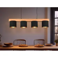 Meine Wunschleuchte Pendelleuchte mit Holz-Balken & 4 Stoffschirme Schwarz Gold für über Esstisch