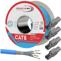 RedStar24 Cat 8 Verlegekabel Netzwerkkabel CAT 8.1 Kabel Ethernet LAN Cat8 RJ45 Stecker 100m 4x Cat8 Stecker Werkzeuglos