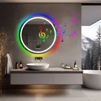 LUVODI WISFOR LED Badspiegel Rund mit Bluetooth Lautsprecher, 80cm RGB Wandspiegel Badezimmerspiegel mit Beleuchtung dimmbar Beschlagfrei Touchschalter