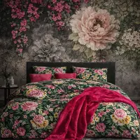 ZIRVEHOME Bettwäsche 240x220 cm 3-teilig 100% Baumwolle Dunkelgrün Bettbezug Florales Blumenmuster in Rosa, Gelb & Grün Garden V1
