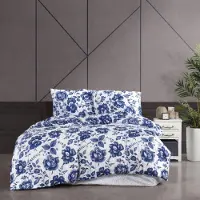 ZIRVEHOME Bettwäsche 200x220 Baumwolle 3-teilig Bettbezug Weiß-Dunkleblau Geblümt, Blaue Harmonie