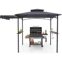 Costway Grillpavillon mit Seitenmarkise, Doppeldach, 2 Seitenregalen & Haken, Gartenpavillon Grillüberdachungen wetterfest 318x153x250cm Dunkelgrau