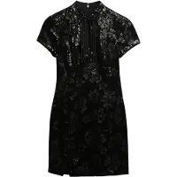 Superdry für Damen. W8012036A Mandarin Pailletten Minikleid schwarz (S), Lässig, Party, Polyester, Kurzarm