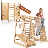 Goodevas Verbessert 9-in-1 Klettergerüst Indoor für Kinder, Montessori Set mit Rutsche, Schaukel, Kletterwand, Kletterdreieck – Spielplatz