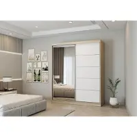 FURMEB24 2-türiger Schiebetürenschrank BELLA 183 x 218 cm Kleiderschrank mit Spiegel – eleganter Schrank mit Schiebetüren (Eiche Sonoma / Weiss)