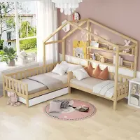 EUAKT GmbH Hausbett, Kinderbett mit Schubladen und Regalen,Zwei Betten( 200x90cm/140x70cm ), Eck-L-förmiges Bett Design, Massivholzrahmen, Lattenrost, Natur