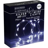 Koopman LED-Silberdrahtlichterkette, 160 LEDs, kaltweiß, Batterie, Innen/Außen, 8 m, Timer