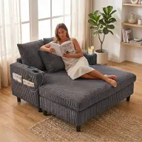 LVHOM Schlafsofa mit LED & USB, Cordstoff Palmensessel, Loungesofa mit Seitentaschen & Getränkehalter, 350kg Tragkraft, 128x85x142 cm, Dunkelgrau