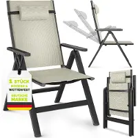 Tillvex Gartenstuhl Premium 1 Stück Beige klappbar aus Aluminium | Hochlehner mit Armlehnen | Klappstuhl verstellbar | Klappsessel Balkon Garten Terrasse