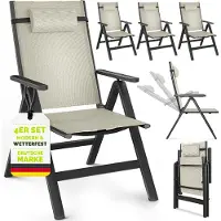 Tillvex Gartenstuhl Premium 4 Stück Beige klappbar aus Aluminium | Hochlehner mit Armlehnen | Klappstuhl verstellbar | Klappsessel Balkon Garten Terrasse