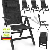 Tillvex Gartenstuhl mit Polster Premium 4 Stück Schwarz klappbar aus Aluminium | Hochlehner mit Armlehnen | Klappstuhl verstellbar | Klappsessel Balkon Garten Terrasse