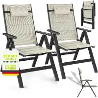 Tillvex Gartenstuhl mit Polster Premium 2 Stück Beige klappbar aus Aluminium | Hochlehner mit Armlehnen | Klappstuhl verstellbar | Klappsessel Balkon Garten Terrasse